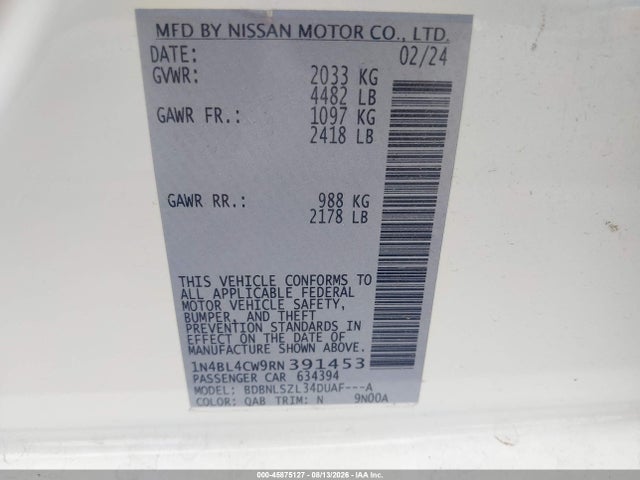 2024 Nissan Altima Sr Intelligent Awd მანქანა იყიდება აუქციონზე, vin: 1N4BL4CW9RN391453, აუქციონის ნომერი: 45875127