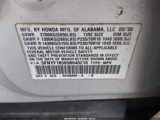 Aukcja sprzedaży 2005 Honda Pilot Ex-l, vin: 5FNYF18505B040210, numer aukcji: 45875130