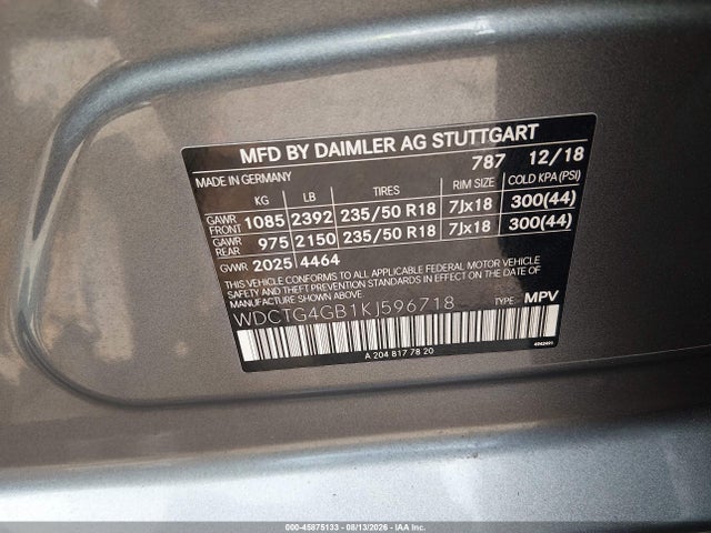 Aukcja sprzedaży 2019 Mercedes-benz Gla 250 4matic, vin: WDCTG4GB1KJ596718, numer aukcji: 45875133