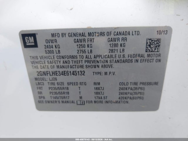 Aukcja sprzedaży 2014 Chevrolet Equinox Ltz, vin: 2GNFLHE34E6145132, numer aukcji: 45875143