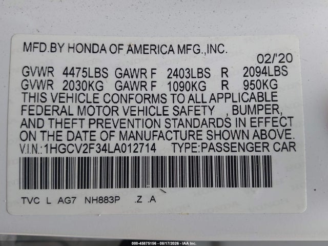 45875156 :رقم المزاد ، 1HGCV2F34LA012714 vin ، 2020 Honda Accord Sport 2.0t مزاد بيع