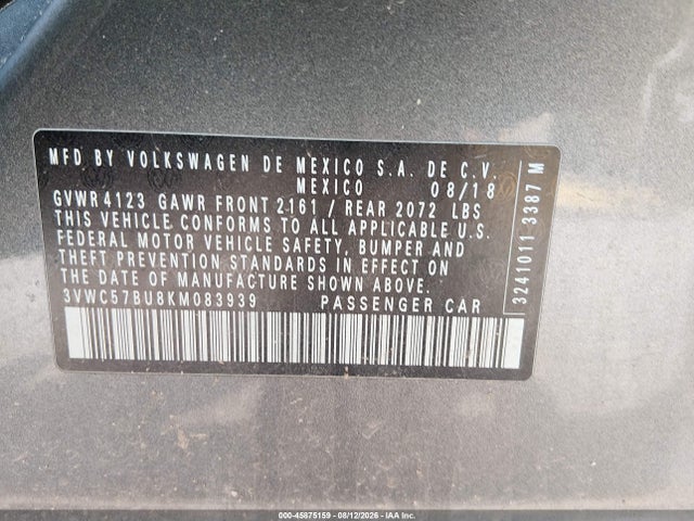 2019 Volkswagen Jetta 1.4t R-line/1.4t S/1.4t Se მანქანა იყიდება აუქციონზე, vin: 3VWC57BU8KM083939, აუქციონის ნომერი: 45875159