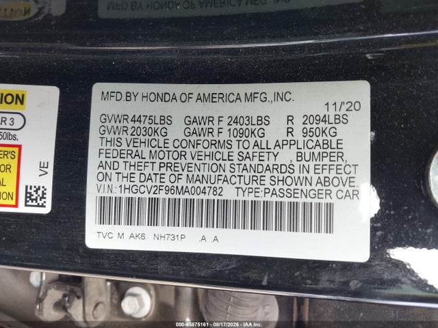 Aukcja sprzedaży 2021 Honda Accord Touring, vin: 1HGCV2F96MA004782, numer aukcji: 45875161