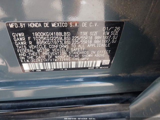 Продажа на аукционе авто 2026 Honda Hr-v 2wd Ex-l, vin: 3CZRZ1H7XTM732880, номер лота: 45875168