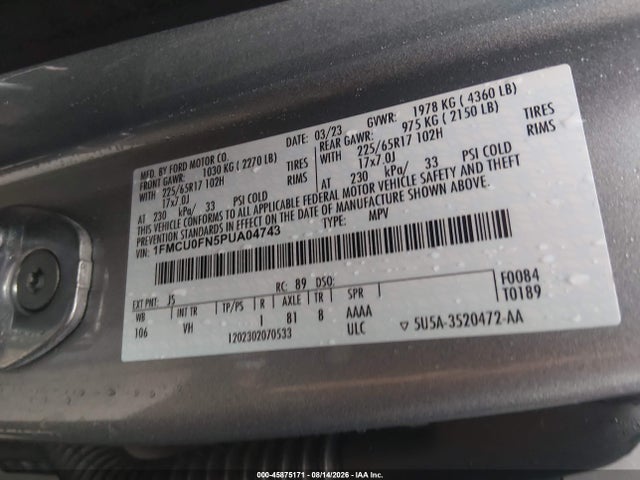 Aukcja sprzedaży 2023 Ford Escape, vin: 1FMCU0FN5PUA04743, numer aukcji: 45875171