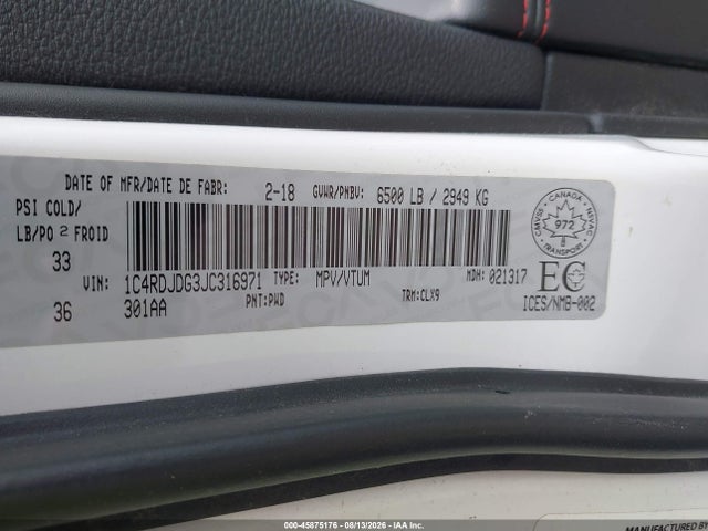 45875176 :رقم المزاد ، 1C4RDJDG3JC316971 vin ، 2018 Dodge Durango Gt مزاد بيع