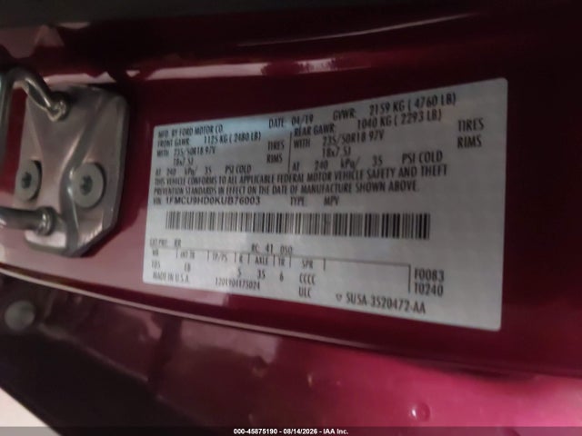 45875190 :رقم المزاد ، 1FMCU9HD0KUB76003 vin ، 2019 Ford Escape Sel مزاد بيع
