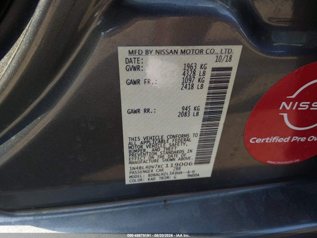 Продаж на аукціоні авто 2019 Nissan Altima 2.5 Sv, vin: 1N4BL4DV7KC119006, номер лоту: 45875191