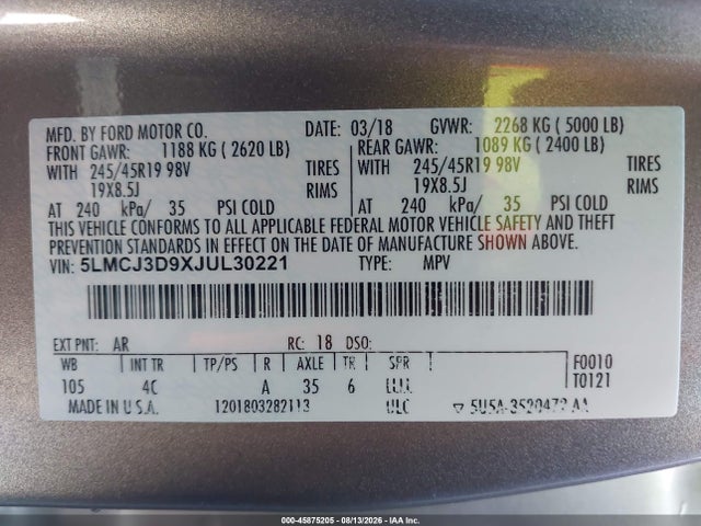Aukcja sprzedaży 2018 Lincoln Mkc Reserve, vin: 5LMCJ3D9XJUL30221, numer aukcji: 45875205
