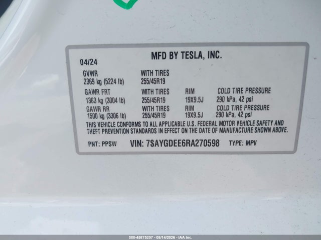 2024 Tesla Model Y Long Range Dual Motor All-wheel Drive მანქანა იყიდება აუქციონზე, vin: 7SAYGDEE6RA270598, აუქციონის ნომერი: 45875207