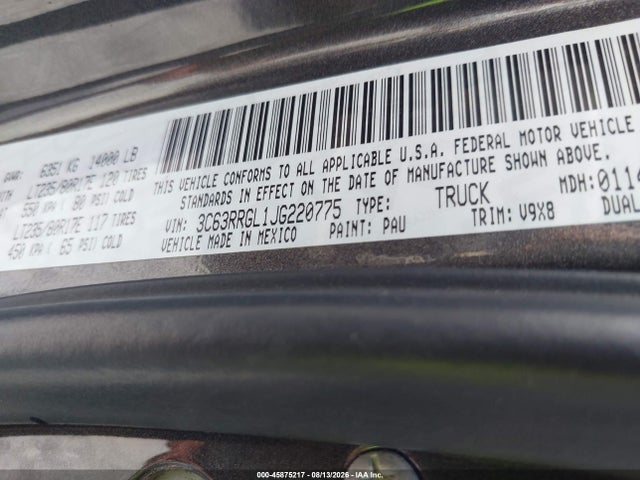 45875217 :رقم المزاد ، 3C63RRGL1JG220775 vin ، 2018 Ram 3500 Tradesman  4x4 8' Box مزاد بيع