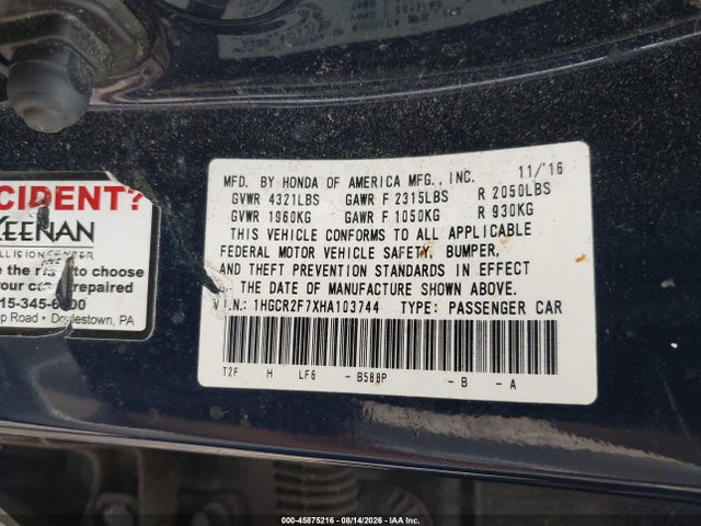 Honda ACCORD EX 2017 1HGCR2F7XHA103744 Image 9