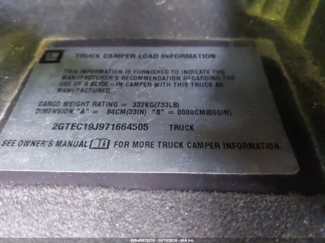 2007 Gmc Sierra 1500 Sle1 მანქანა იყიდება აუქციონზე, vin: 2GTEC19J971664505, აუქციონის ნომერი: 45875218