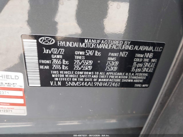 Продажа на аукционе авто 2022 Hyundai Santa Fe Limited, vin: 5NMS44AL9NH472461, номер лота: 45875231