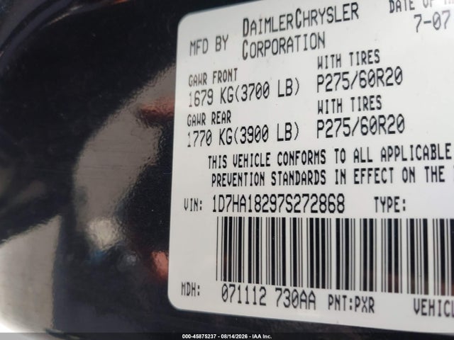 Aukcja sprzedaży 2007 Dodge Ram 1500 Slt, vin: 1D7HA18297S272868, numer aukcji: 45875237