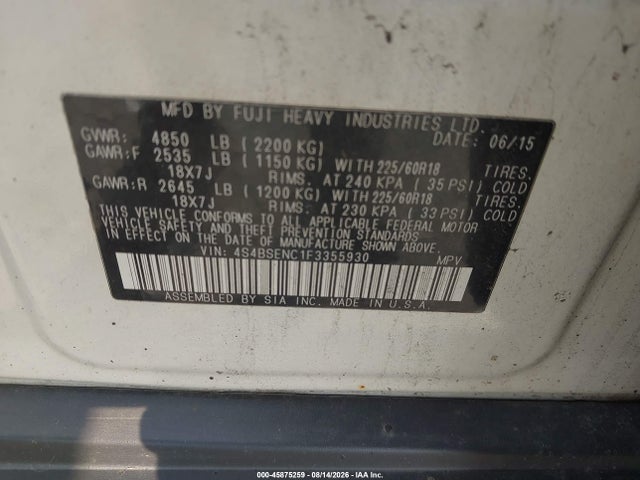 2015 Subaru Outback 3.6r Limited მანქანა იყიდება აუქციონზე, vin: 4S4BSENC1F3355930, აუქციონის ნომერი: 45875259