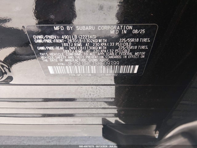 45875278 :رقم المزاد ، JF2SLDRC7SH609399 vin ، 2025 Subaru Forester Limited مزاد بيع