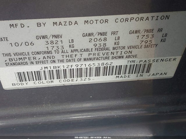 Продажа на аукционе авто 2007 Mazda Mazda3 I, vin: JM1BK12F971653862, номер лота: 45875281