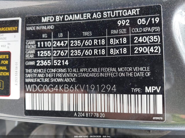 45875282 :رقم المزاد ، WDC0G4KB6KV191294 vin ، 2019 Mercedes-benz Glc 300 4matic مزاد بيع