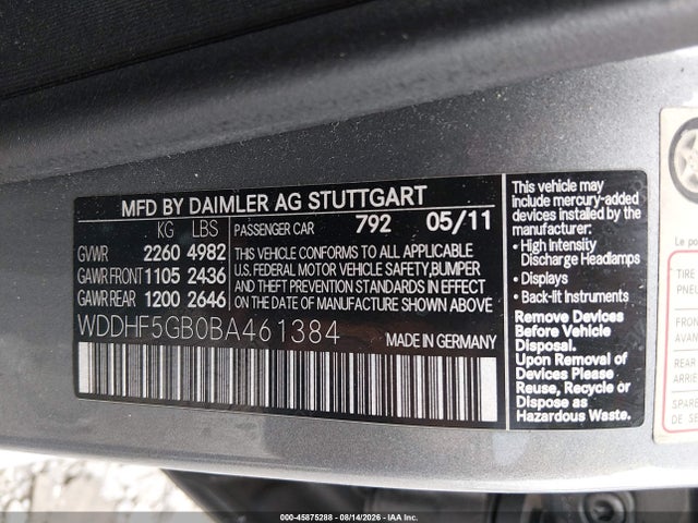 45875288 :رقم المزاد ، WDDHF5GB0BA461384 vin ، 2011 Mercedes-benz E 350 مزاد بيع
