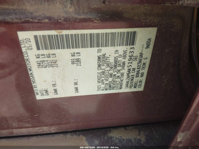 45875299 :رقم المزاد ، 1N4AL2AP6AN519633 vin ، 2010 Nissan Altima 2.5 S مزاد بيع
