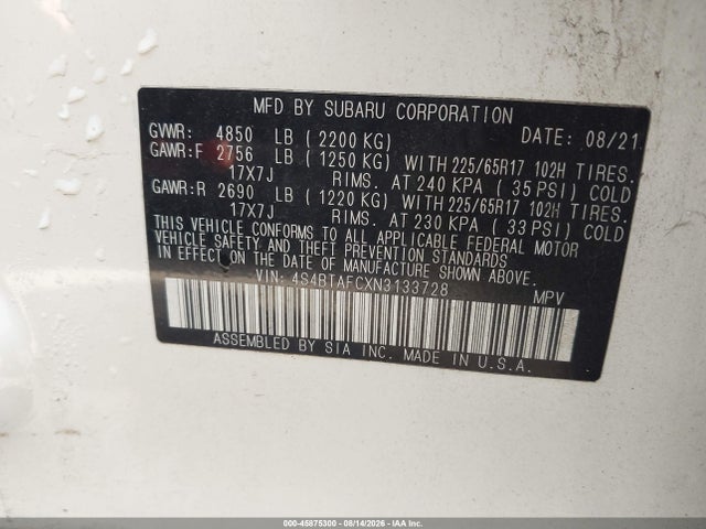 45875300 :رقم المزاد ، 4S4BTAFCXN3133728 vin ، 2022 Subaru Outback Premium مزاد بيع