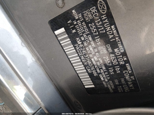 Aukcja sprzedaży 2017 Hyundai Sonata Hybrid Se, vin: KMHE24L31HA076986, numer aukcji: 45875315