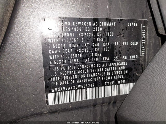 45875331 :رقم المزاد ، WVGAV7AX2GW539247 vin ، 2016 Volkswagen Tiguan S مزاد بيع