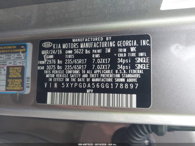 Продаж на аукціоні авто 2016 Kia Sorento 3.3l Lx, vin: 5XYPGDA56GG178897, номер лоту: 45875332