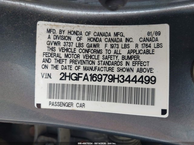 Aukcja sprzedaży 2009 Honda Civic Ex-l, vin: 2HGFA16979H344499, numer aukcji: 45875334