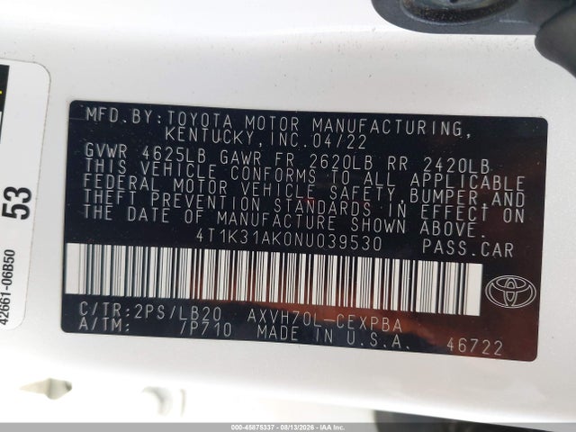 4T1K31AK0NU039530 Toyota Camry Xse Hybrid