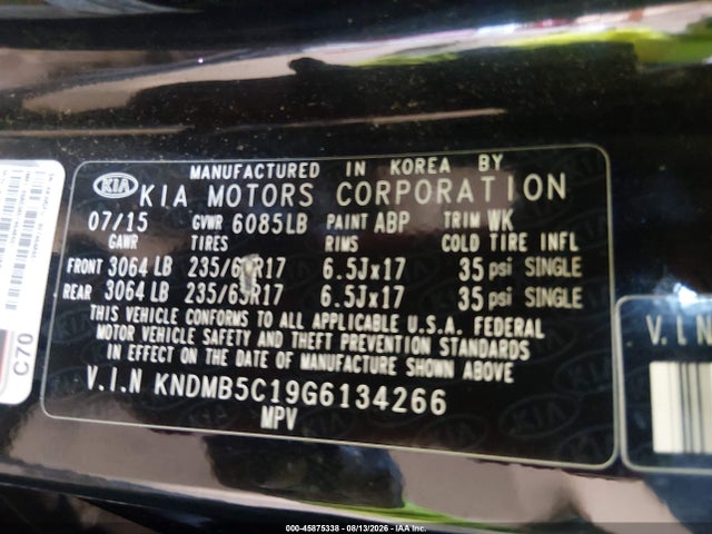 45875338 :رقم المزاد ، KNDMB5C19G6134266 vin ، 2016 Kia Sedona Lx مزاد بيع