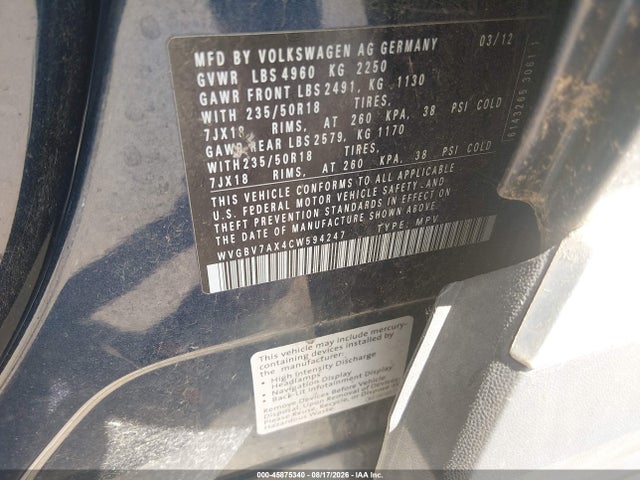 Aukcja sprzedaży 2012 Volkswagen Tiguan Se, vin: WVGBV7AX4CW594247, numer aukcji: 45875340