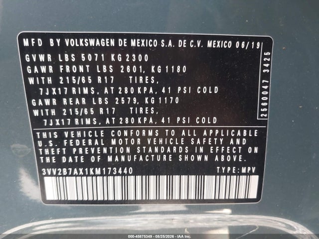 45875349 :رقم المزاد ، 3VV2B7AX1KM173440 vin ، 2019 Volkswagen Tiguan 2.0t Se/2.0t Sel/2.0t Sel R-line/2.0t Sel R-line Black مزاد بيع