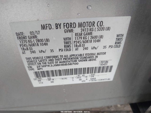 Aukcja sprzedaży 2017 Ford Edge Sel, vin: 2FMPK3J98HBB58700, numer aukcji: 45875363