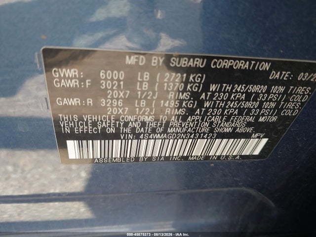 Auction sale of the 2022 Subaru Ascent Onyx Edition, vin: 4S4WMAGD2N3431423, lot number: 45875373