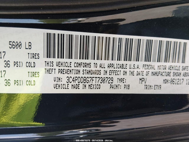 45875375 :رقم المزاد ، 3C4PDDBG7FT730729 vin ، 2015 Dodge Journey Sxt مزاد بيع