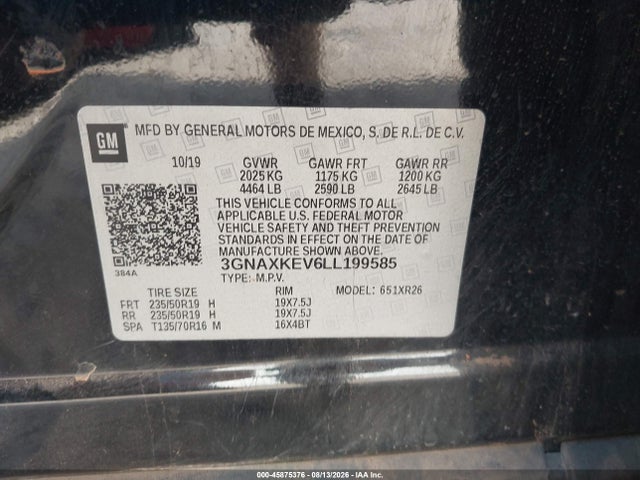 Aukcja sprzedaży 2020 Chevrolet Equinox Fwd Lt 1.5l Turbo, vin: 3GNAXKEV6LL199585, numer aukcji: 45875376