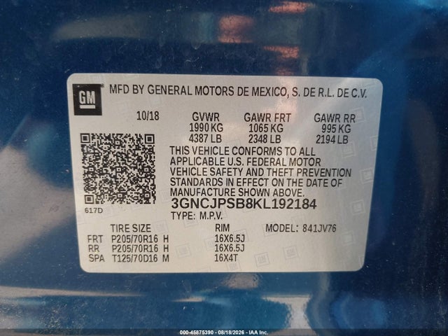 Aukcja sprzedaży 2019 Chevrolet Trax Lt, vin: 3GNCJPSB8KL192184, numer aukcji: 45875390