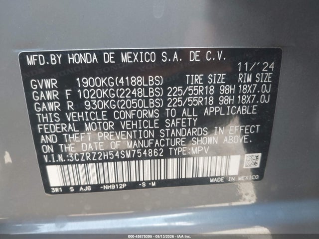 2025 Honda Hr-v Awd Sport მანქანა იყიდება აუქციონზე, vin: 3CZRZ2H54SM754862, აუქციონის ნომერი: 45875395