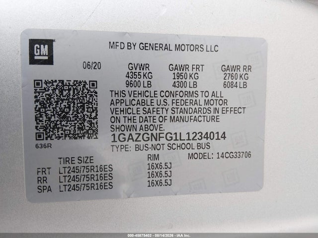 2020 Chevrolet Express Passenger Rwd 3500 Extended Wheelbase Ls მანქანა იყიდება აუქციონზე, vin: 1GAZGNFG1L1234014, აუქციონის ნომერი: 45875402