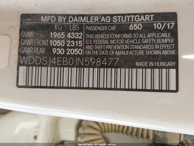 Aukcja sprzedaży 2018 Mercedes-benz Cla 250, vin: WDDSJ4EB0JN598477, numer aukcji: 45875418