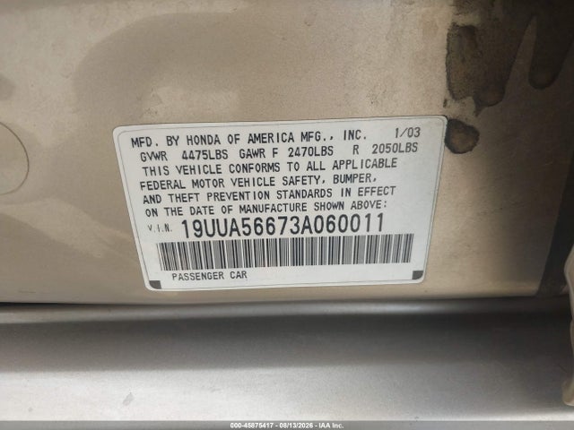 Продаж на аукціоні авто 2003 Acura Tl 3.2, vin: 19UUA56673A060011, номер лоту: 45875417