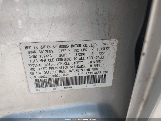 45875428 :رقم المزاد ، JHMGE8G38DC007621 vin ، 2013 Honda Fit مزاد بيع