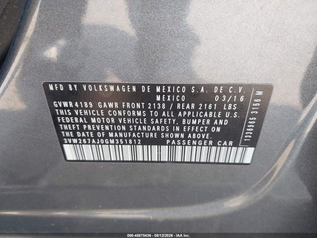 2016 Volkswagen Jetta 1.4t S მანქანა იყიდება აუქციონზე, vin: 3VW267AJ0GM351812, აუქციონის ნომერი: 45875436