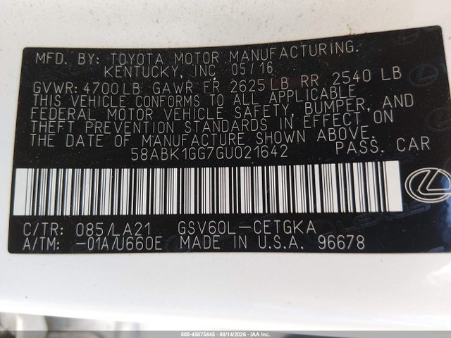 45875445 :رقم المزاد ، 58ABK1GG7GU021642 vin ، 2016 Lexus Es 350 مزاد بيع