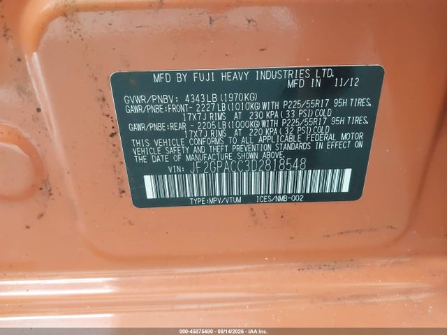 Aukcja sprzedaży 2013 Subaru Xv Crosstrek 2.0i Premium, vin: JF2GPACC3D2818548, numer aukcji: 45875480