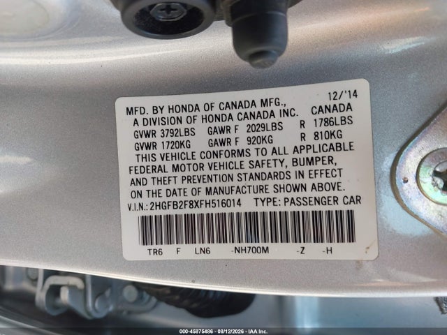 2015 Honda Civic Ex მანქანა იყიდება აუქციონზე, vin: 2HGFB2F8XFH516014, აუქციონის ნომერი: 45875486