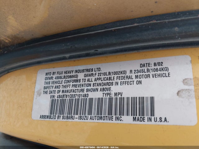 2003 Subaru Baja მანქანა იყიდება აუქციონზე, vin: 4S4BT61C037101493, აუქციონის ნომერი: 45875494