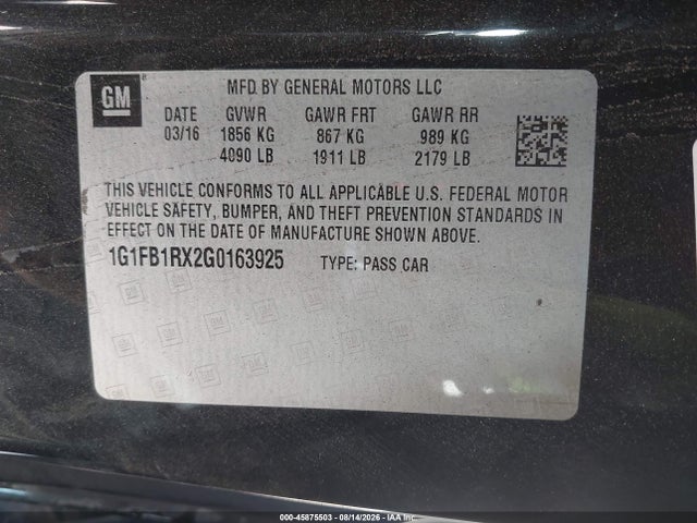 Chevrolet Camaro 1lt 2016 1G1FB1RX2G0163925 Image 9